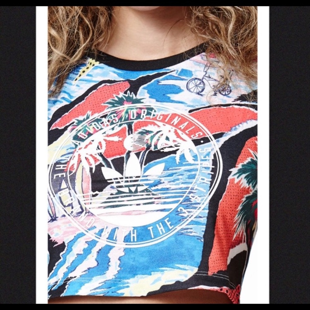 adidas Multicolor Tropical Print Crop Top (Blue, Red, Black, White)